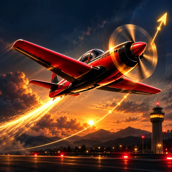 Aviator crash game artwork — a red plane climbing with a rising multiplier trail