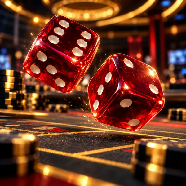 Dice game artwork — golden dice on a dark casino background