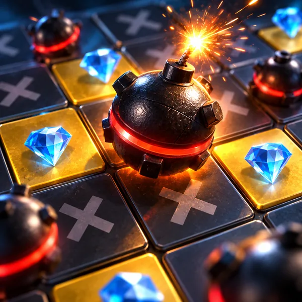 Mines game artwork — a 5 by 5 grid of gems and hidden bombs