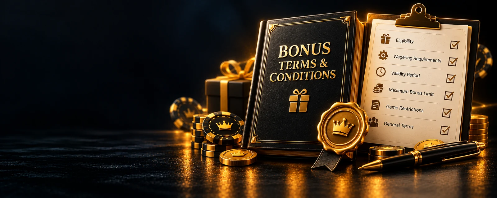 Bonus terms and conditions banner with a document and checklist