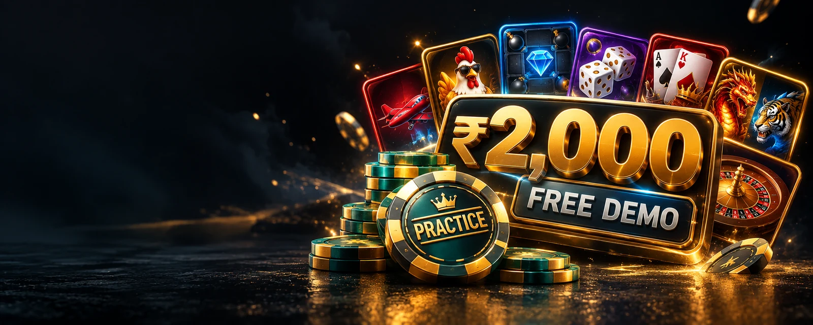 ₹2,000 free demo account banner with practice chips and game tiles