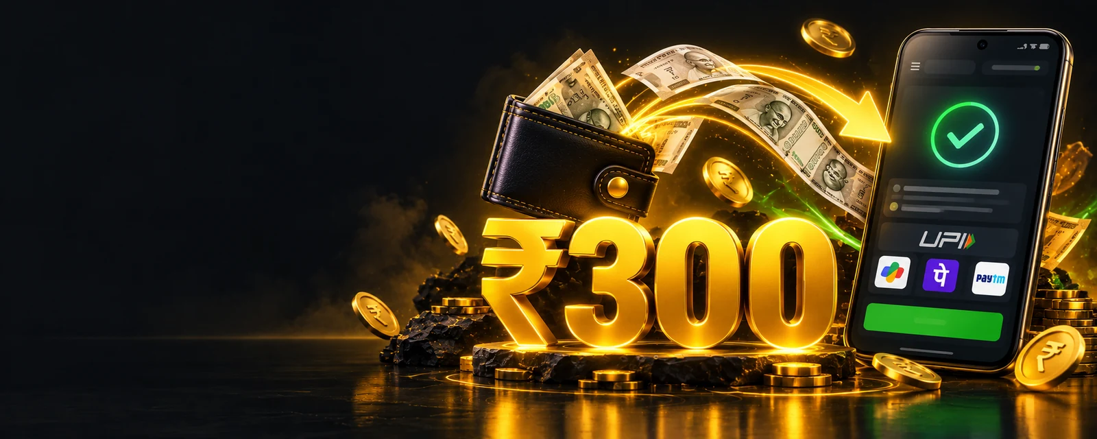 ₹300 minimum withdrawal banner with UPI payout to a bank