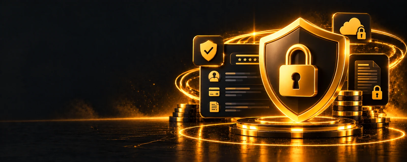Privacy policy banner with a shield and locked data