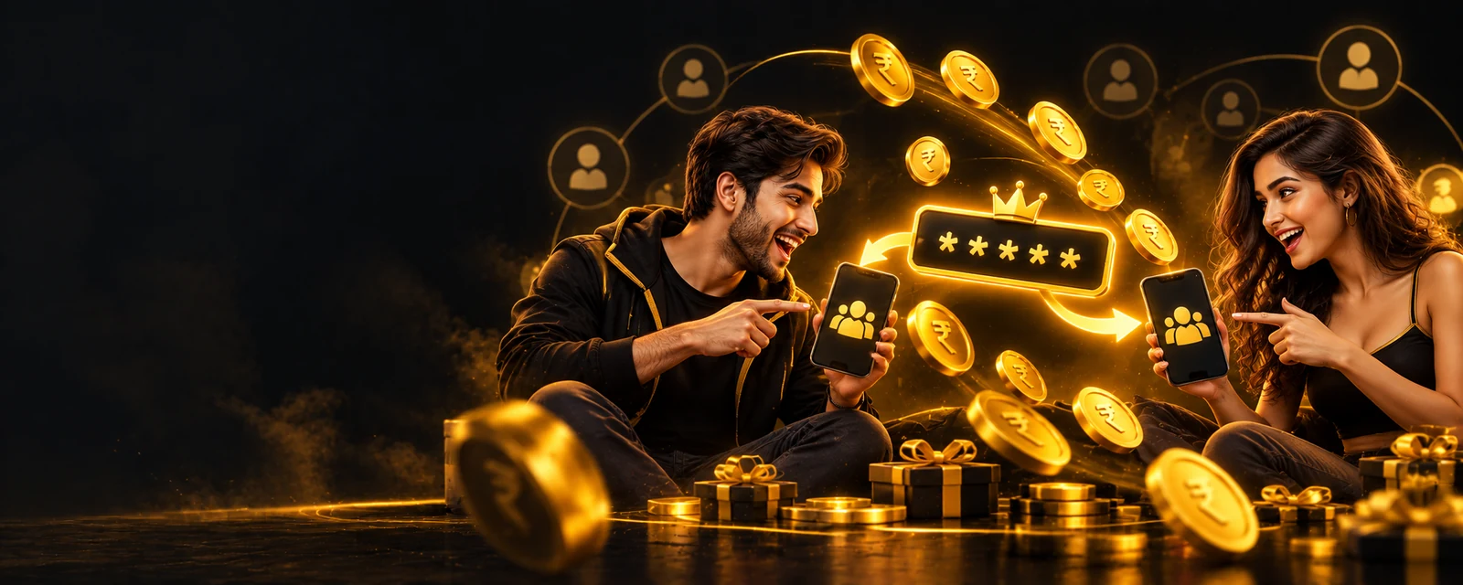 Refer a friend banner with two players and a shared referral code