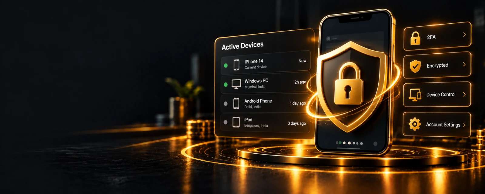 Account security banner with a shield, padlock and device list