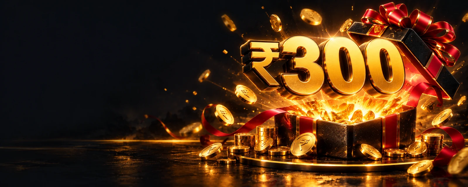 ₹300 free signup bonus banner with gift box and gold coins