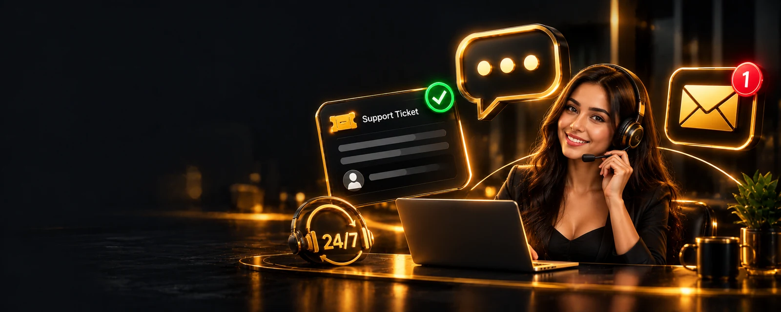 Support banner with a ticket, chat bubble and inbox