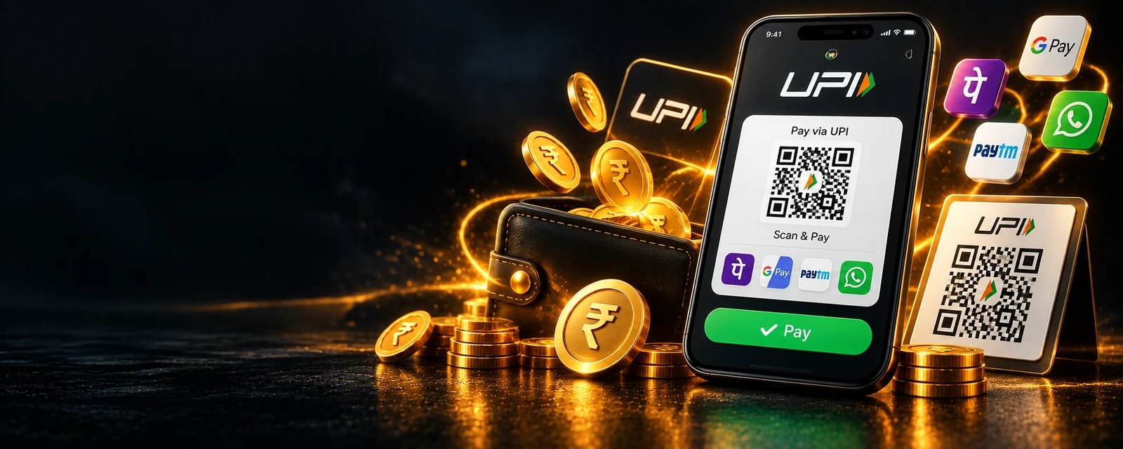UPI deposit banner with a payment app and QR code