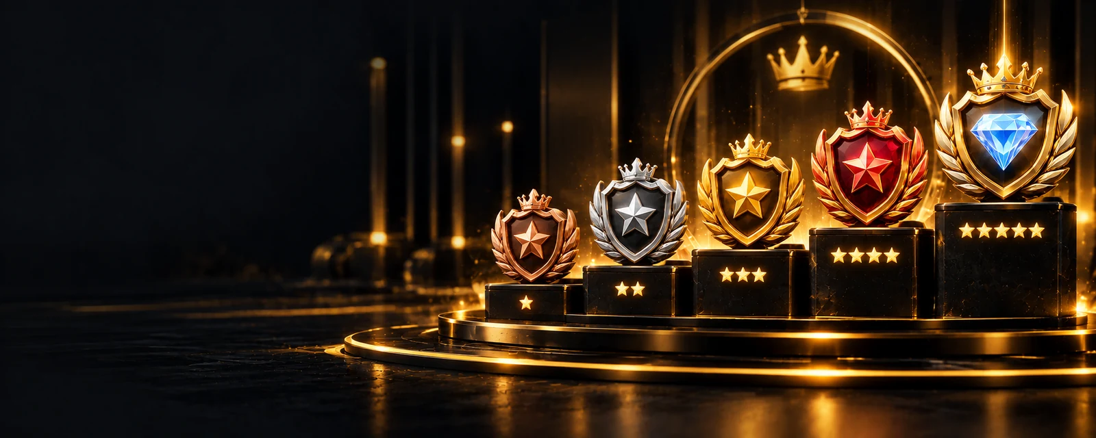 VIP rewards banner with five ascending tier badges