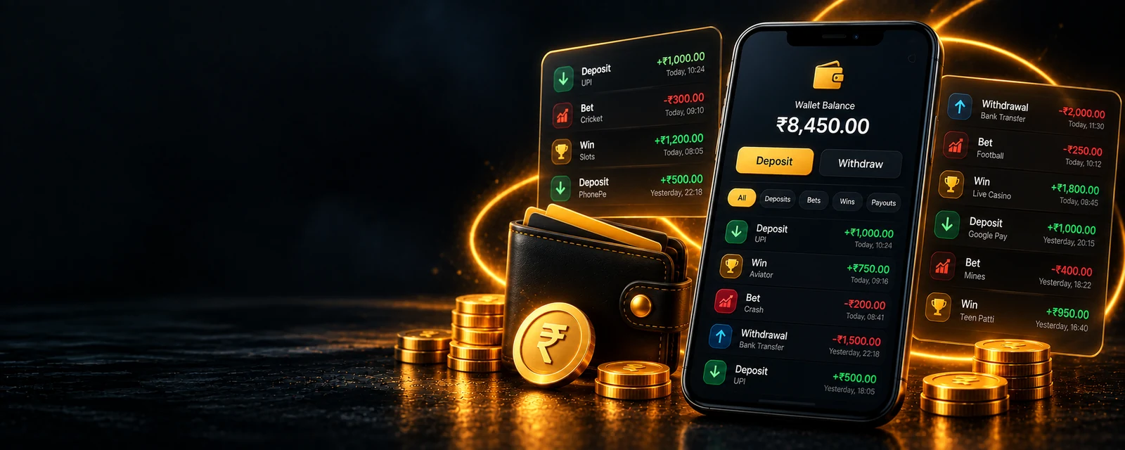 Wallet and statement banner with a transaction list