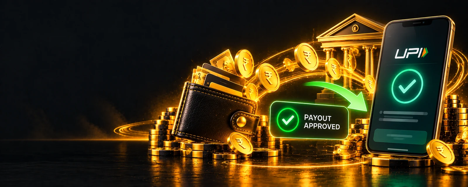 Withdrawal banner showing a payout from wallet to UPI