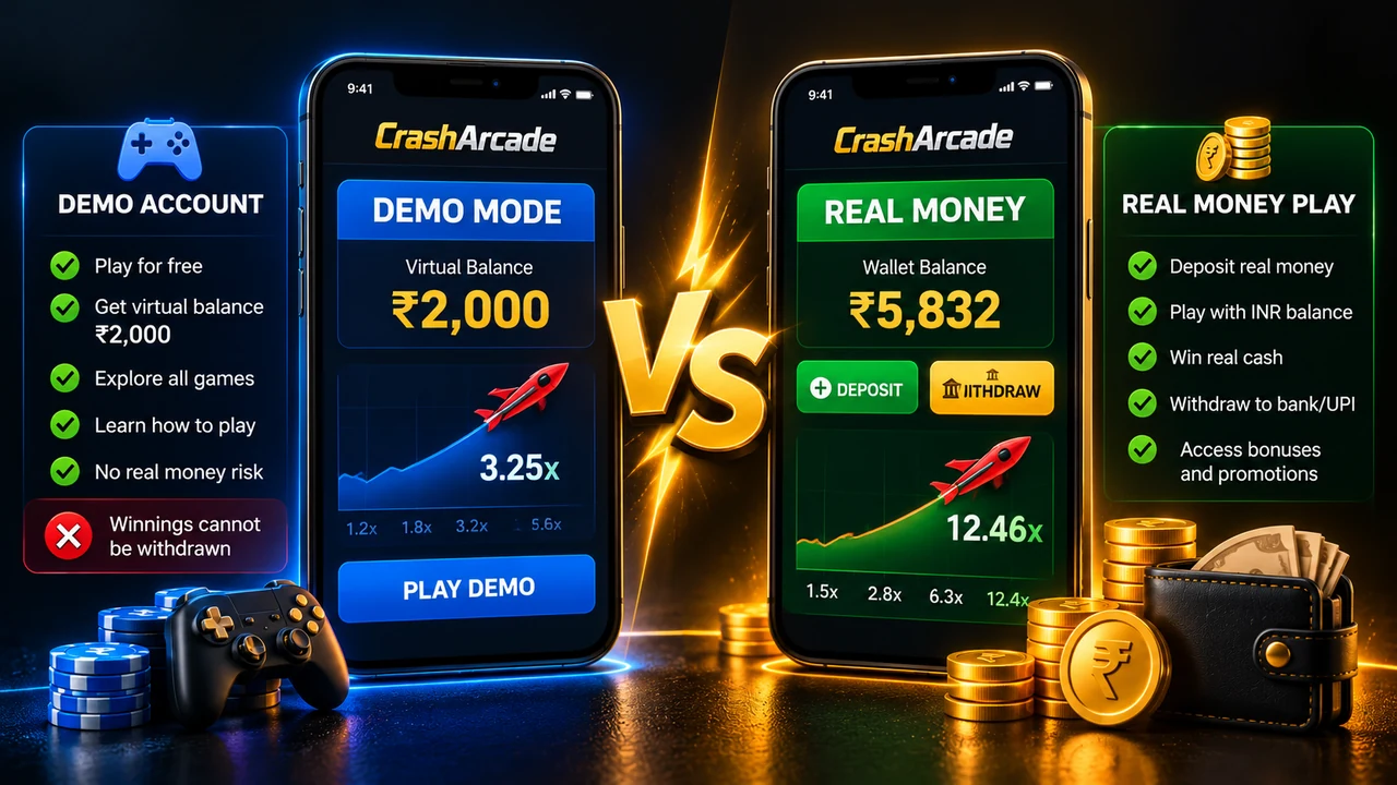 Side-by-side comparison of demo mode and real-money play