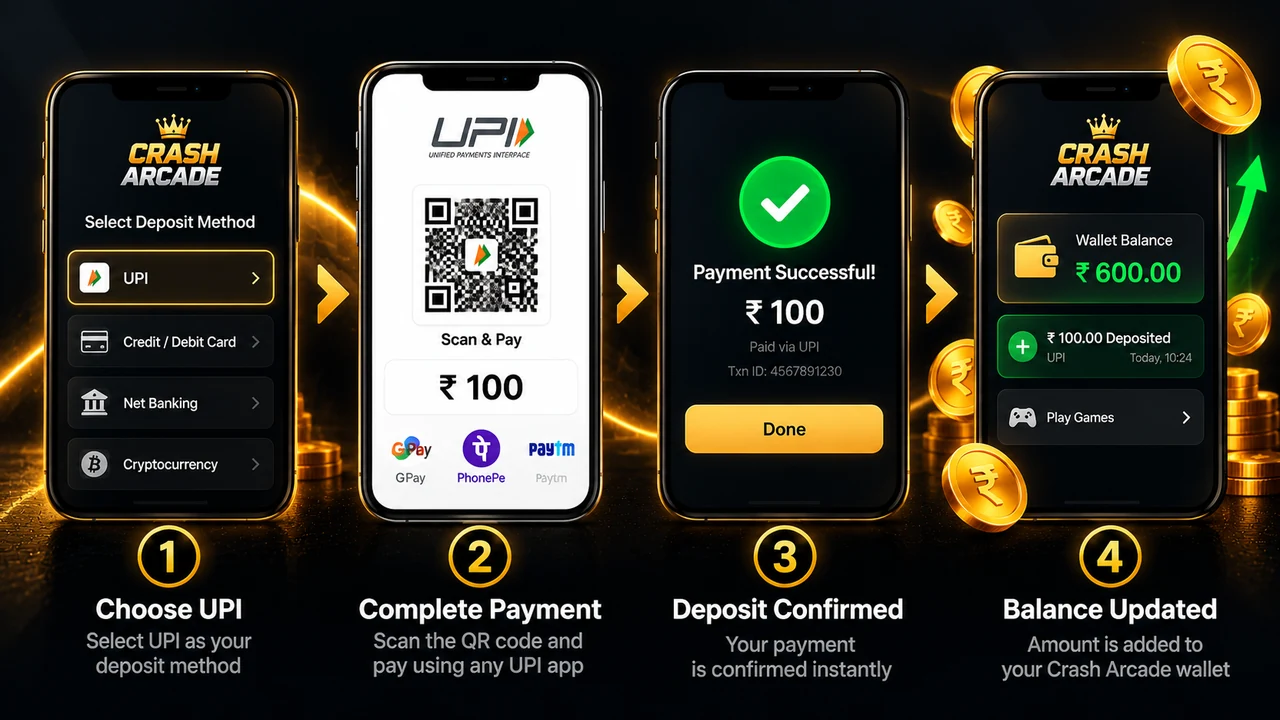 UPI deposit flow from payment app to Crash Arcade wallet