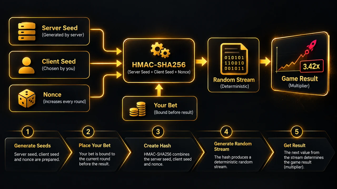 How a server seed, client seed and nonce produce a game result
