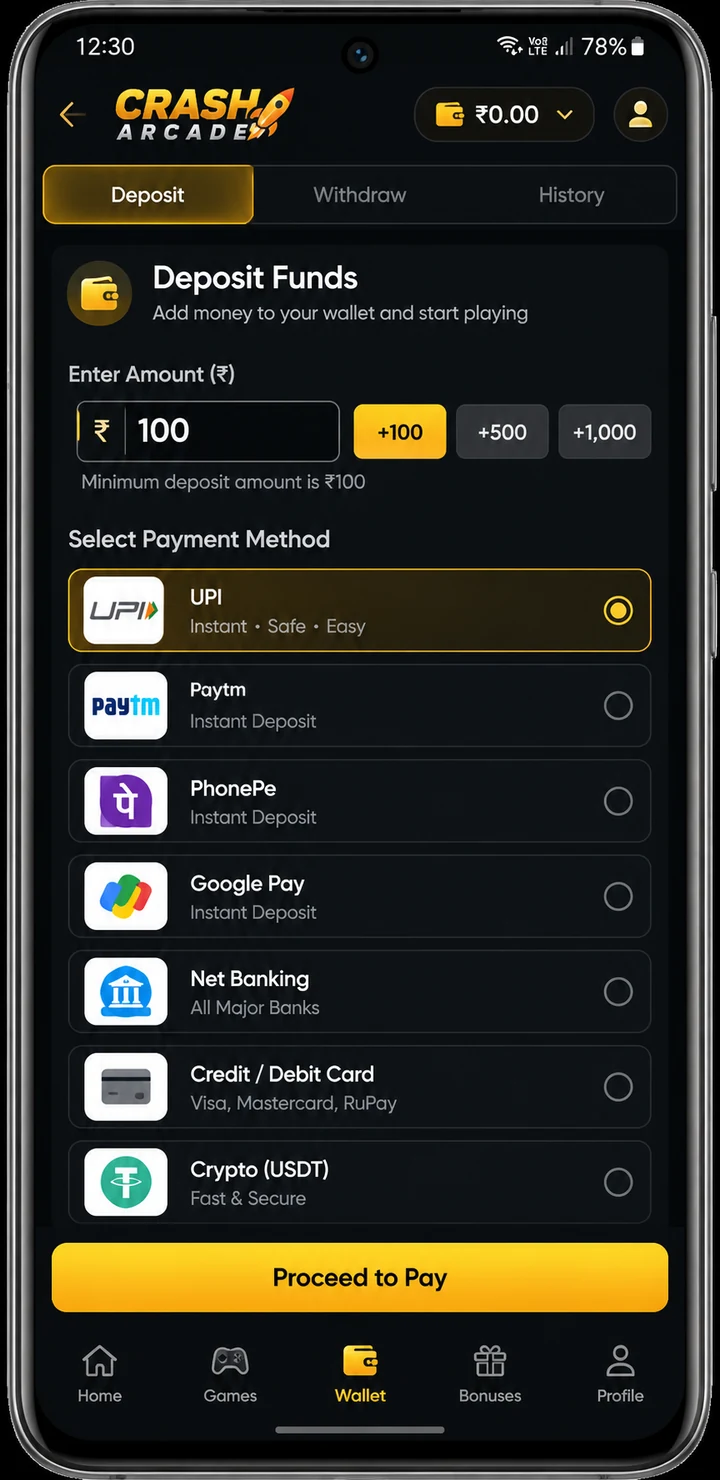 Deposit screen with amount entry and UPI option