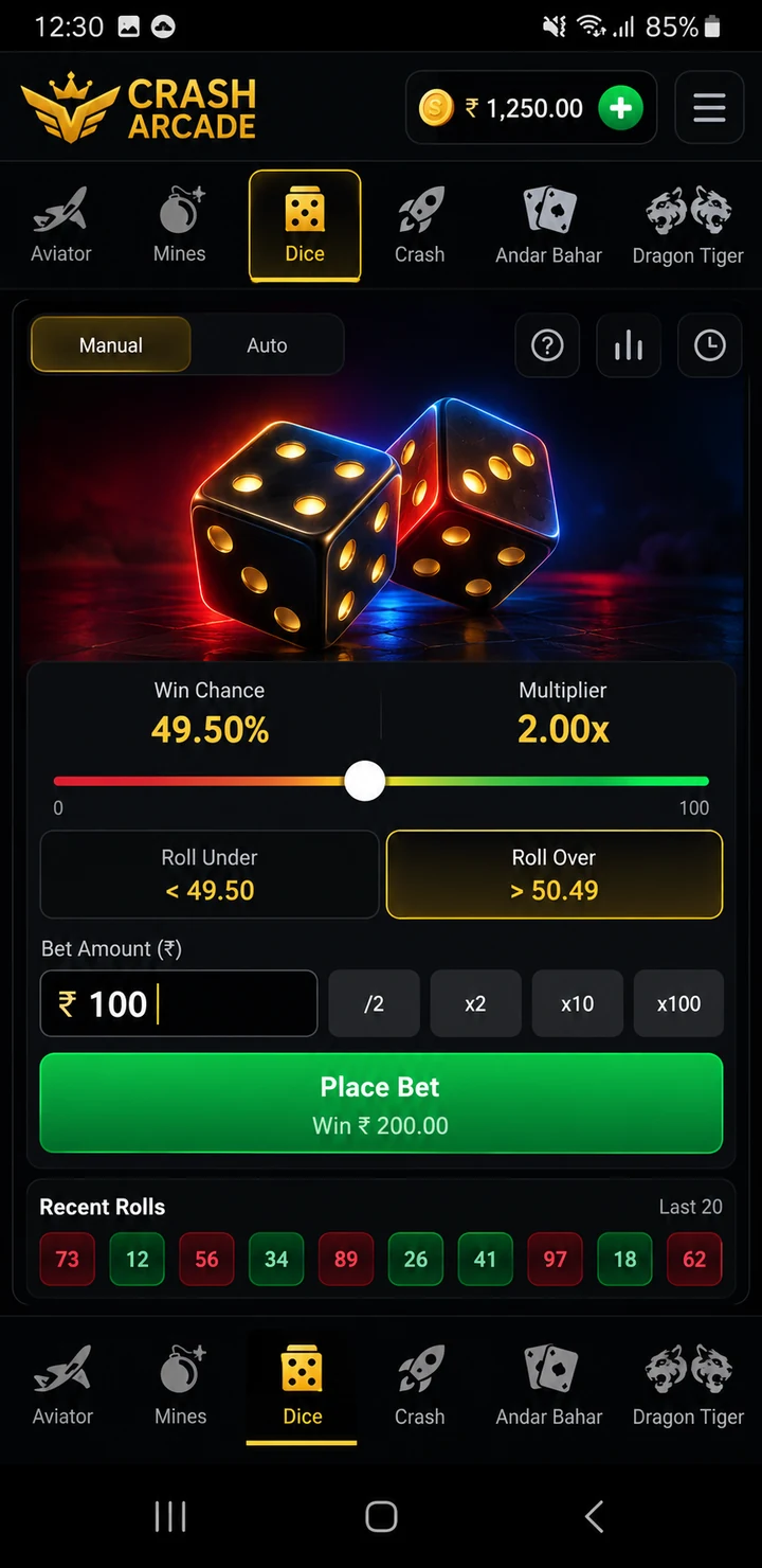 Dice game with slider, win chance and multiplier