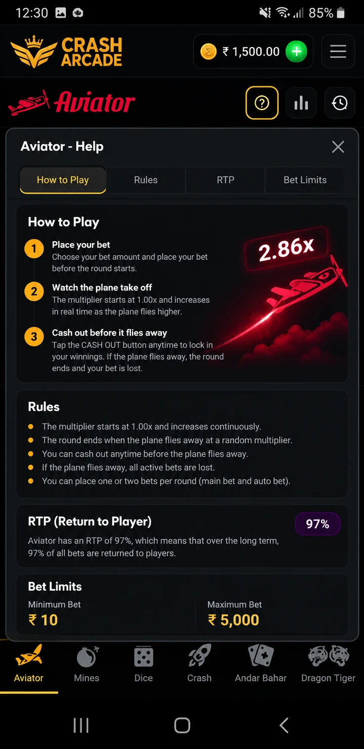 In-game help screen with rules, RTP and bet limits
