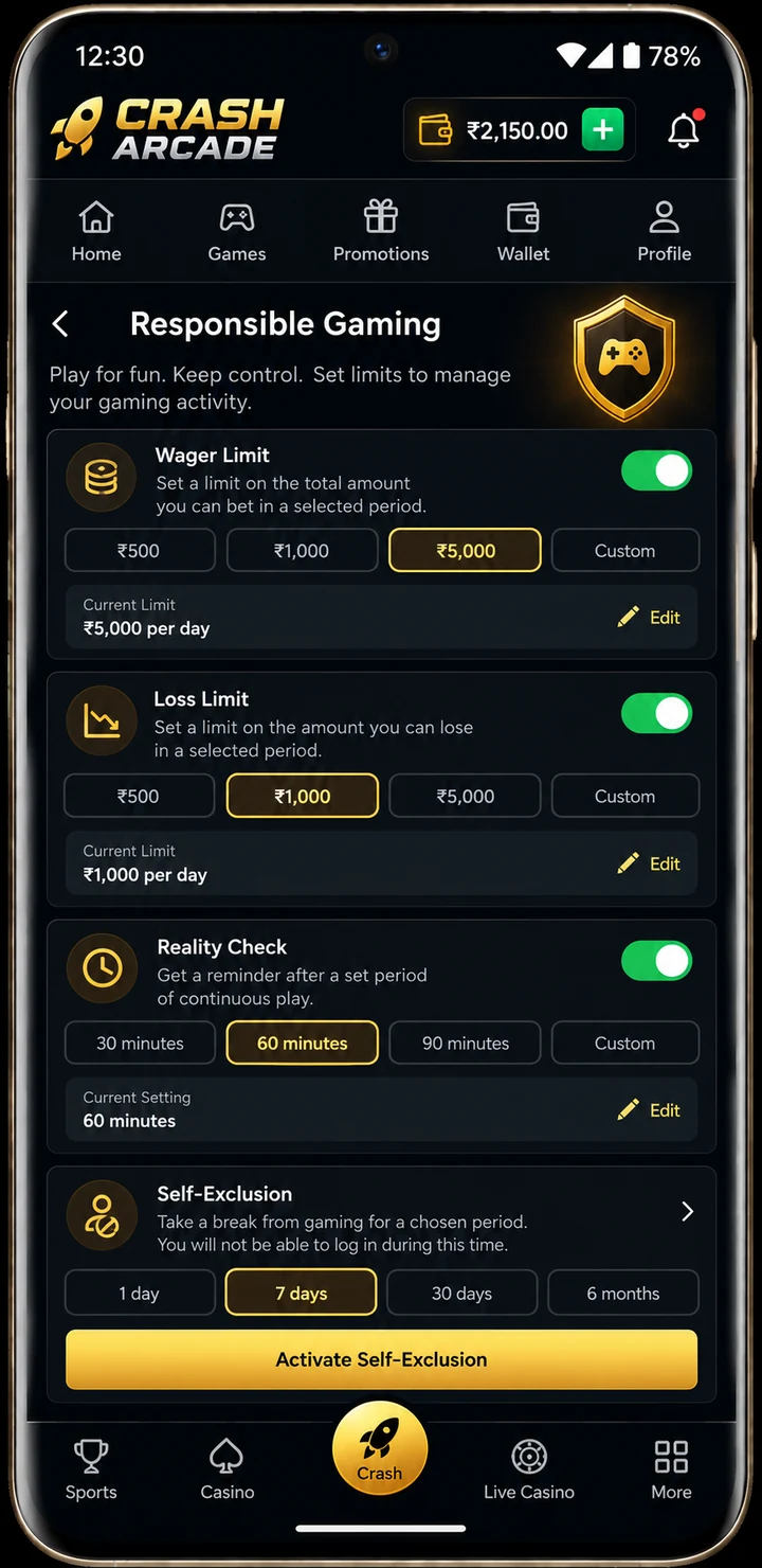 Responsible gaming limits screen