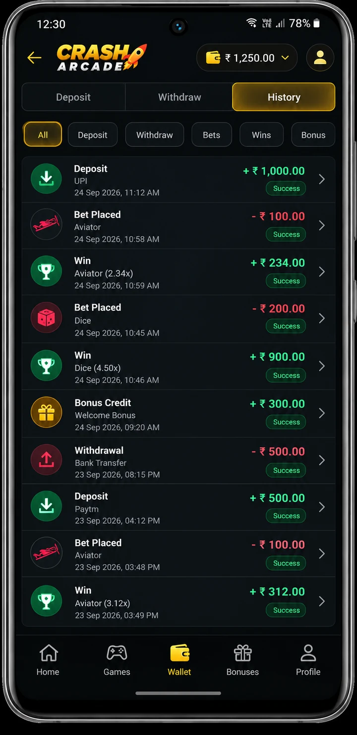 Wallet statement listing deposits, bets, wins and payouts